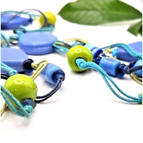 Bright Blue and Green 27" Long Ceramic and Glass Beaded Y-Drop‎ Cord Necklace - Picture 4 of 6